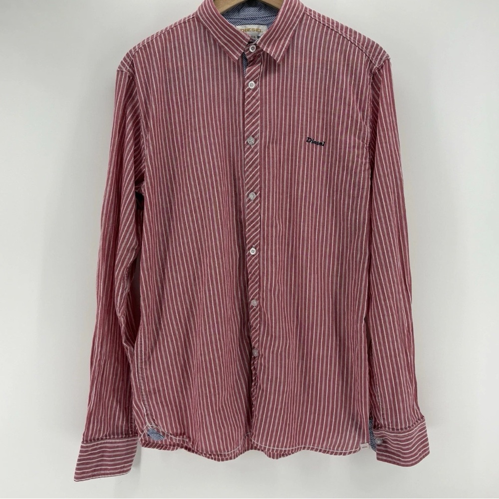 Diesel Men's Red and White Striped Button-Down Shirt